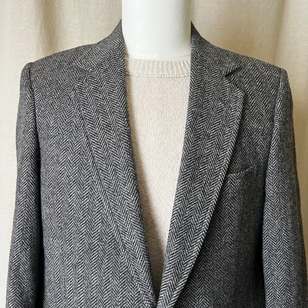Herringbone Tweed Blazer‎ Mens 38R Gray Wool USA Vintage Sport Coat